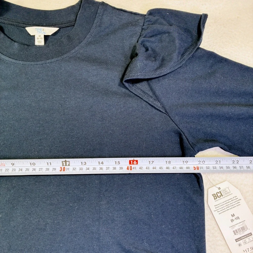 Time and Tru Girls Navy Blue Ruffle Shoulder Sweatshirt Pullover Medium 8-10